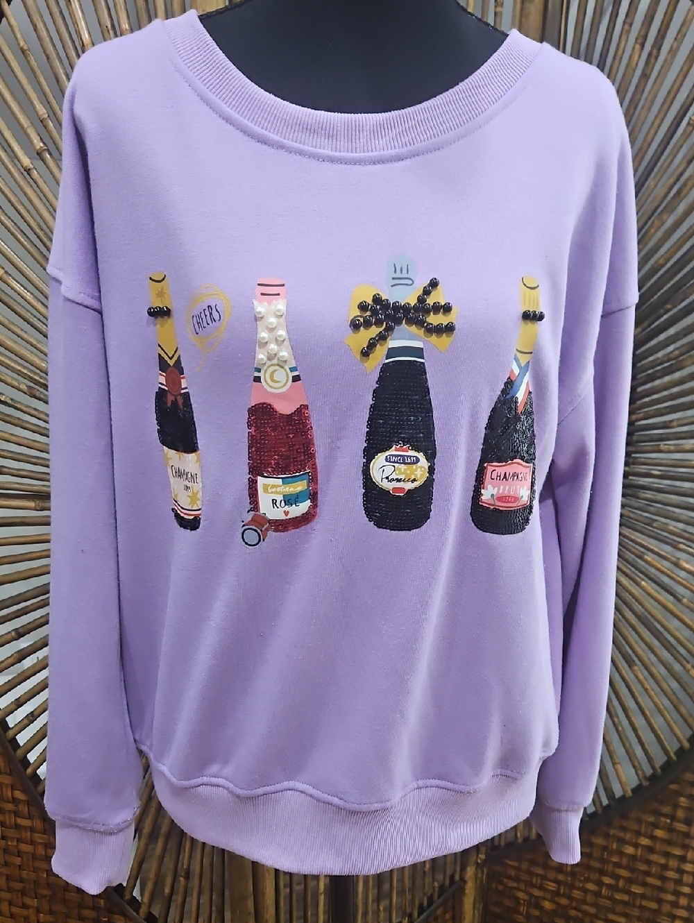 WHY DRESS Lavender Sequin Champagne Bottle Sweatshirt. Size M